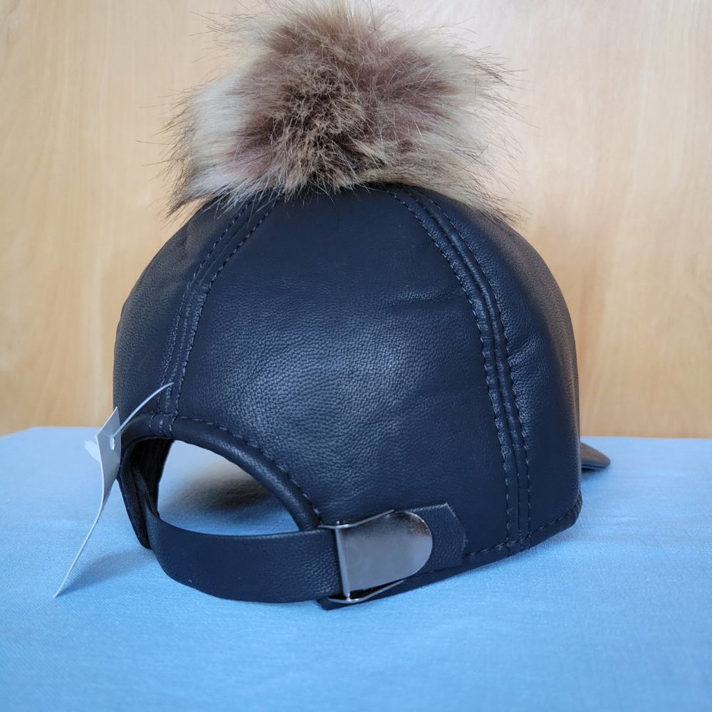NEW Black Leather Baseball Hat Adjustable Back Strap with Removeable Fur Pom Pom - Picture 3 of 7